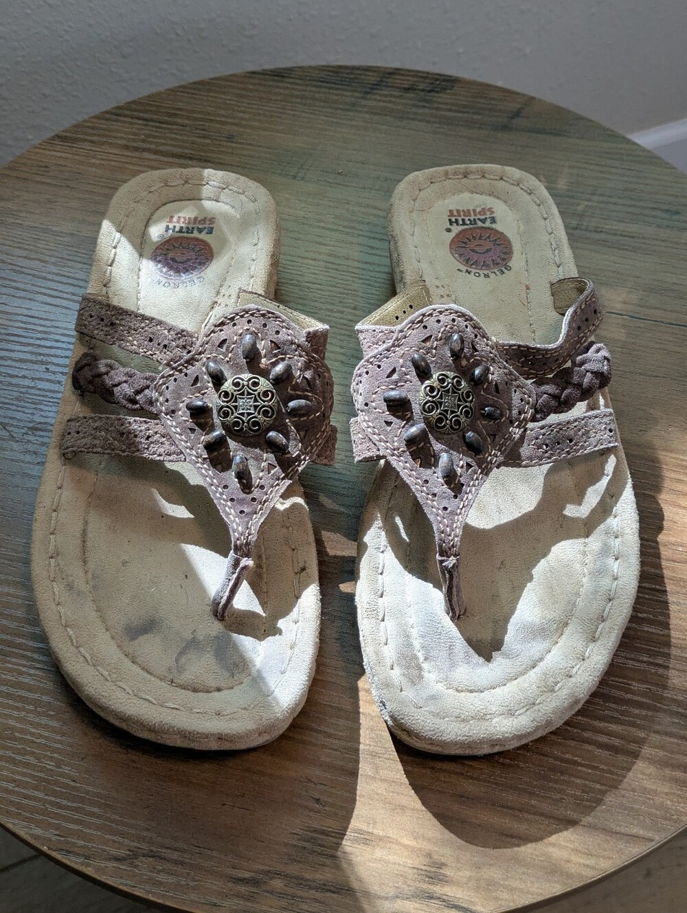Earth Spirit Aimi Taupe Braided Thong Sandals with Decorative Medallion